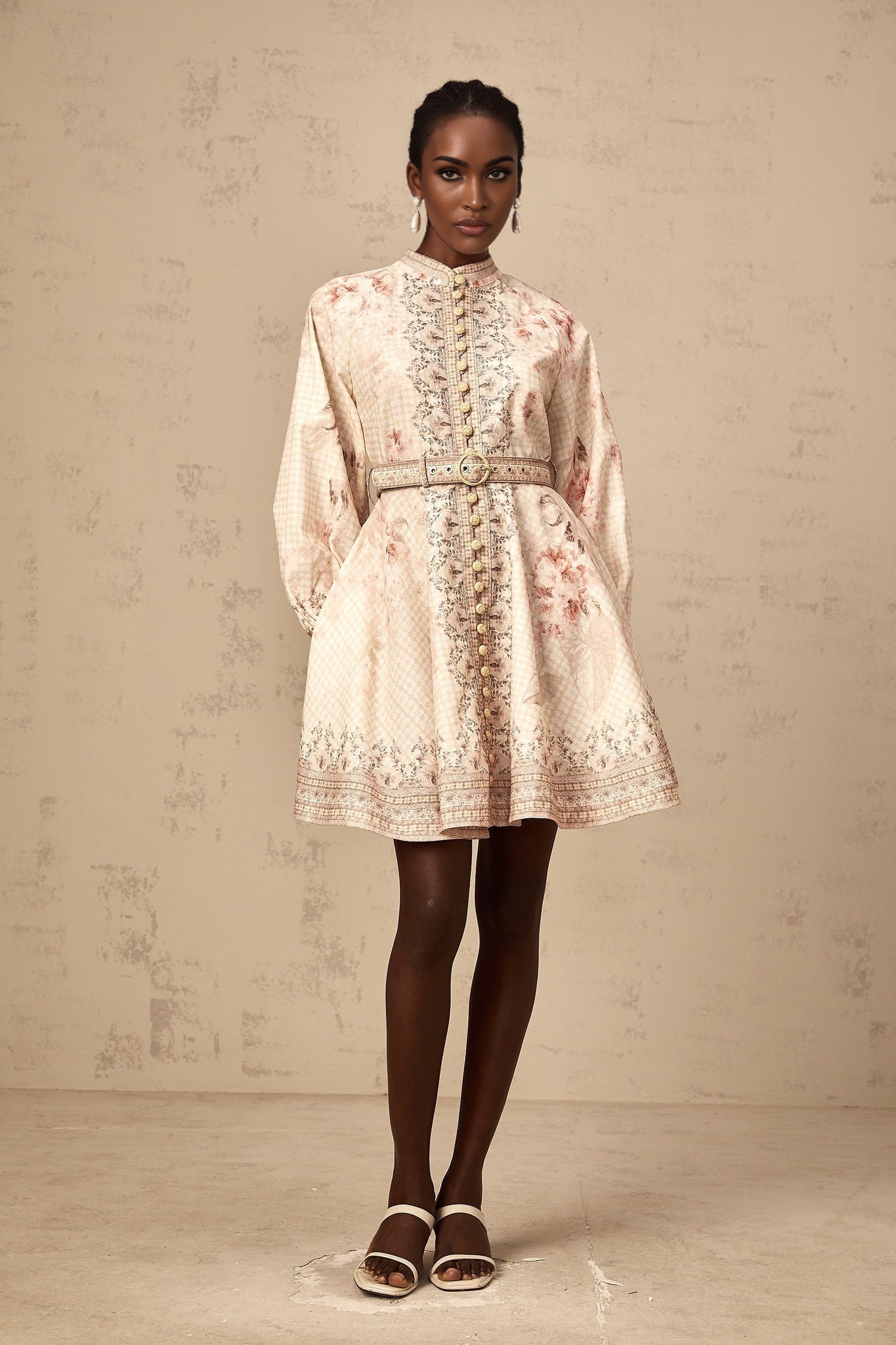 Licia Mini Dress Floral Print Belted Waist Front Button Fastening