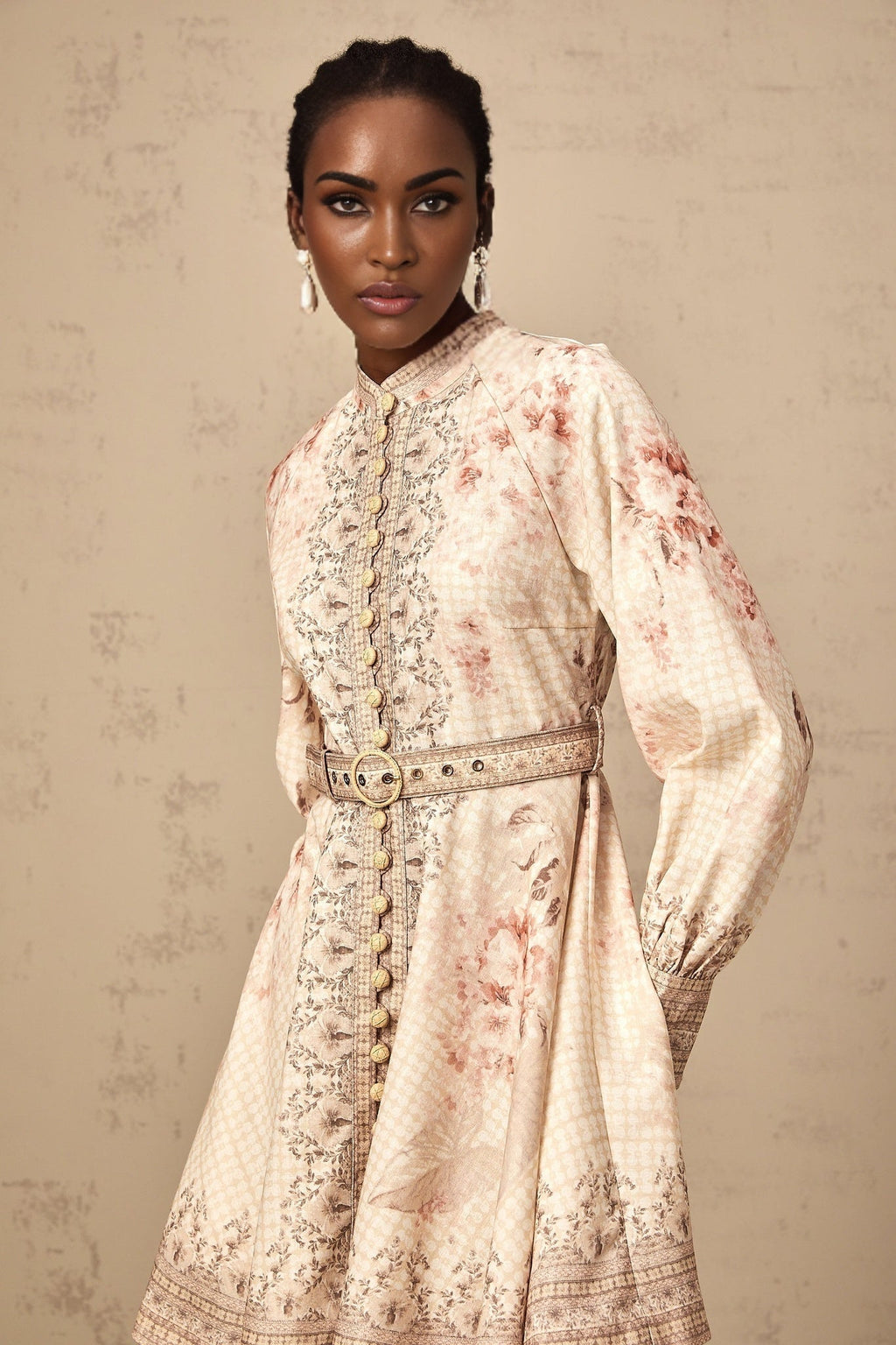 Licia Mini Dress Floral Print Belted Waist Front Button Fastening