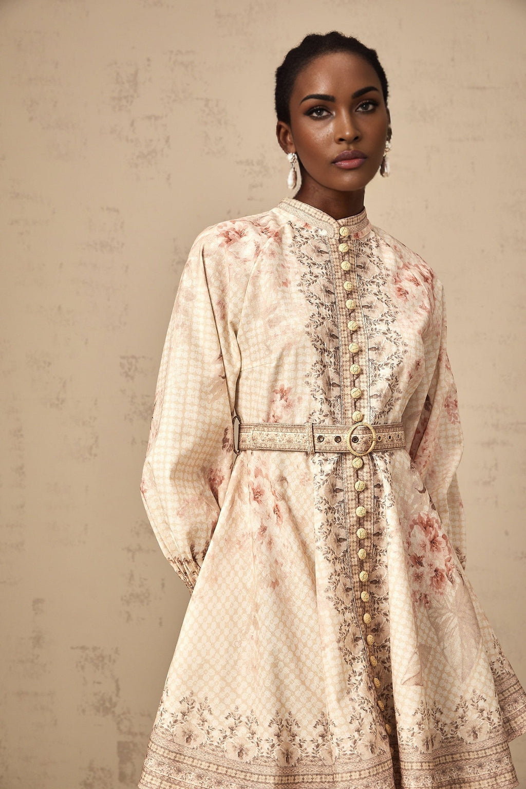 Licia Mini Dress Floral Print Belted Waist Front Button Fastening