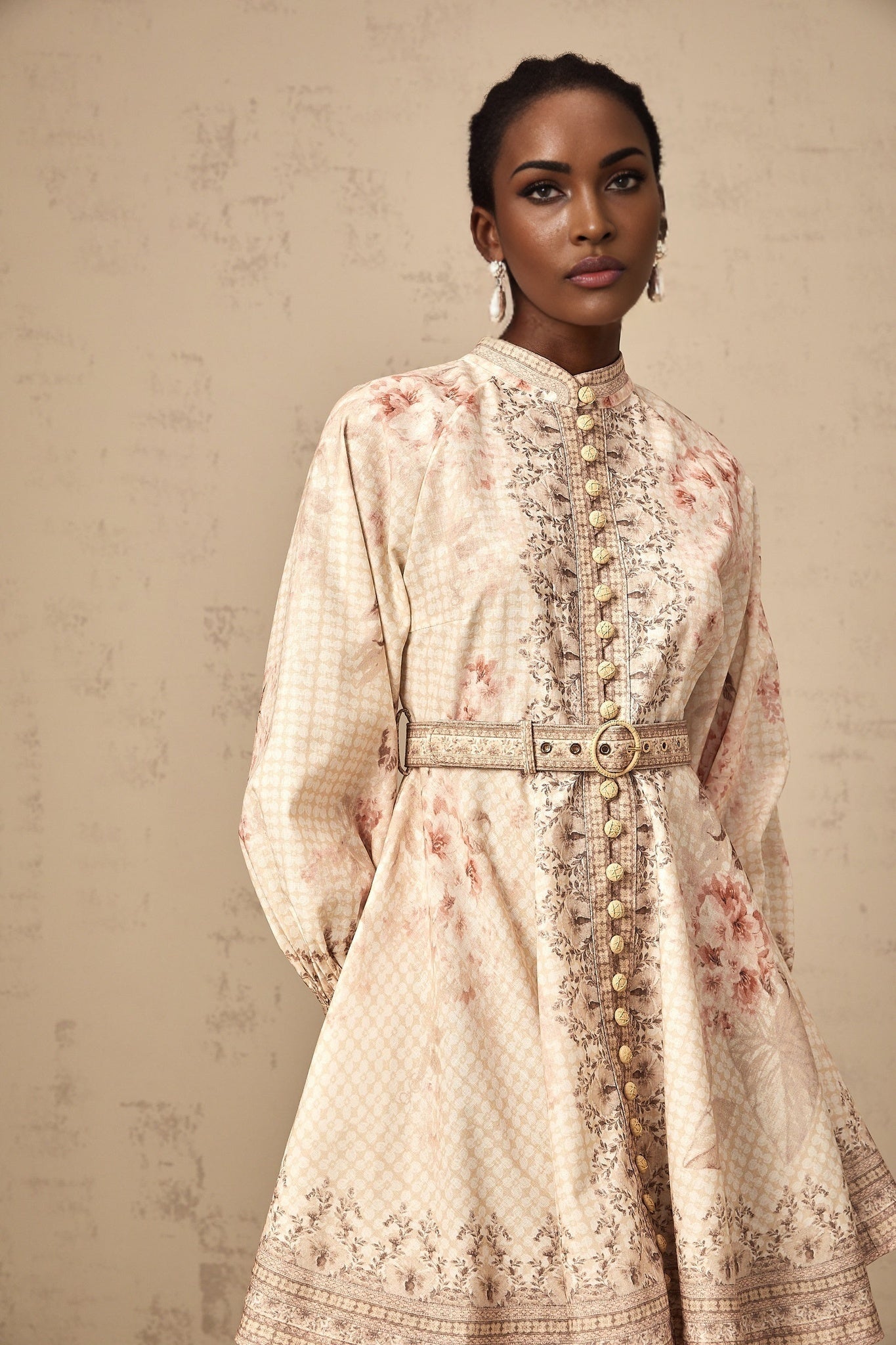 Licia Mini Dress Floral Print Belted Waist Front Button Fastening