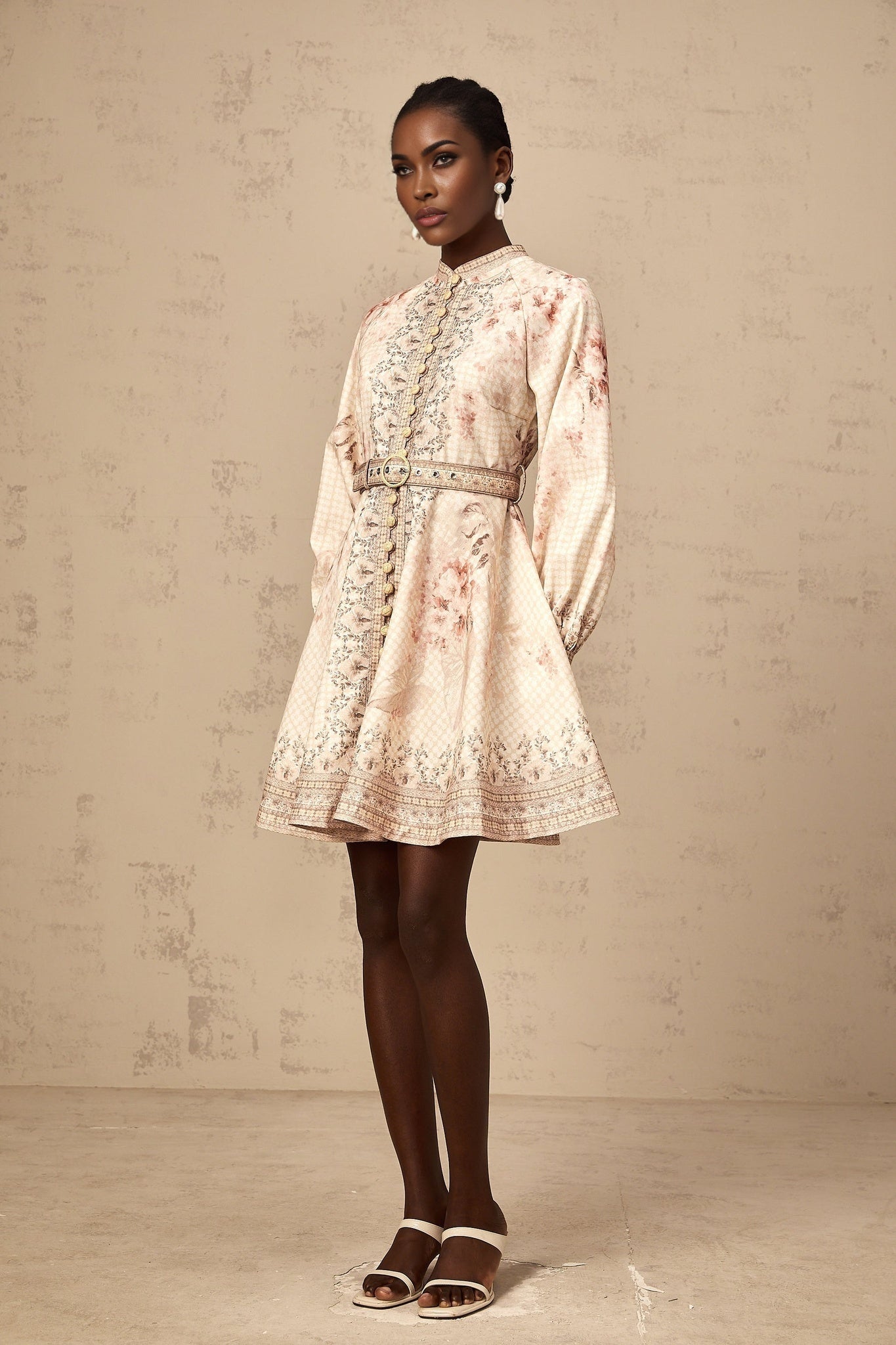 Licia Mini Dress Floral Print Belted Waist Front Button Fastening