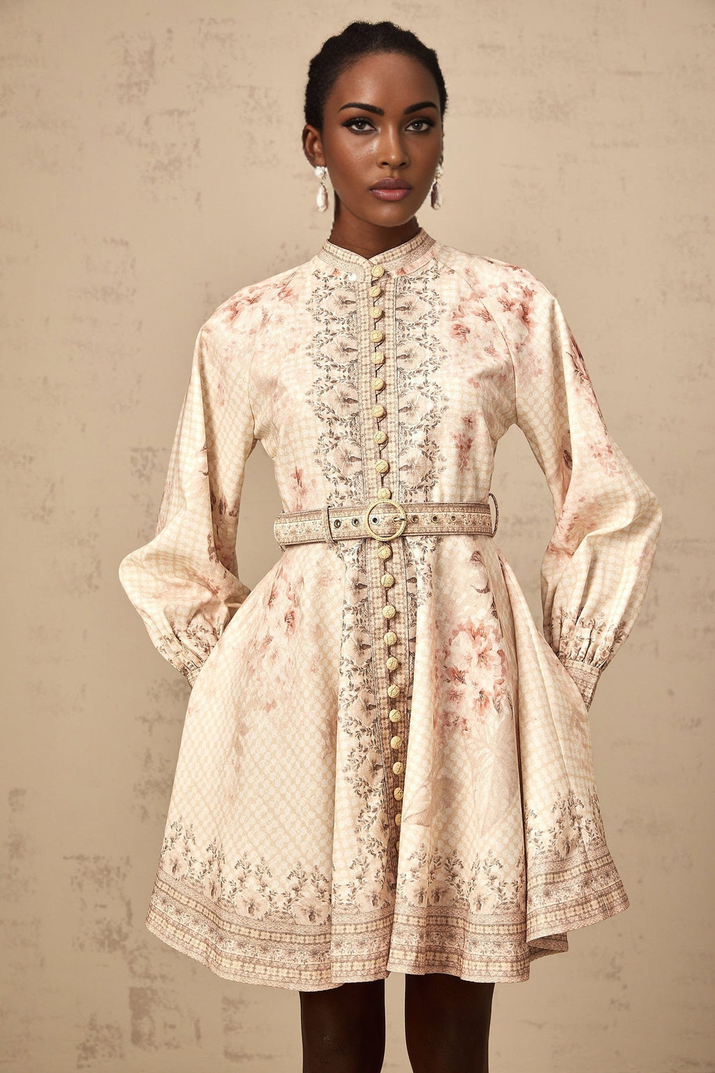 Licia Mini Dress Floral Print Belted Waist Front Button Fastening