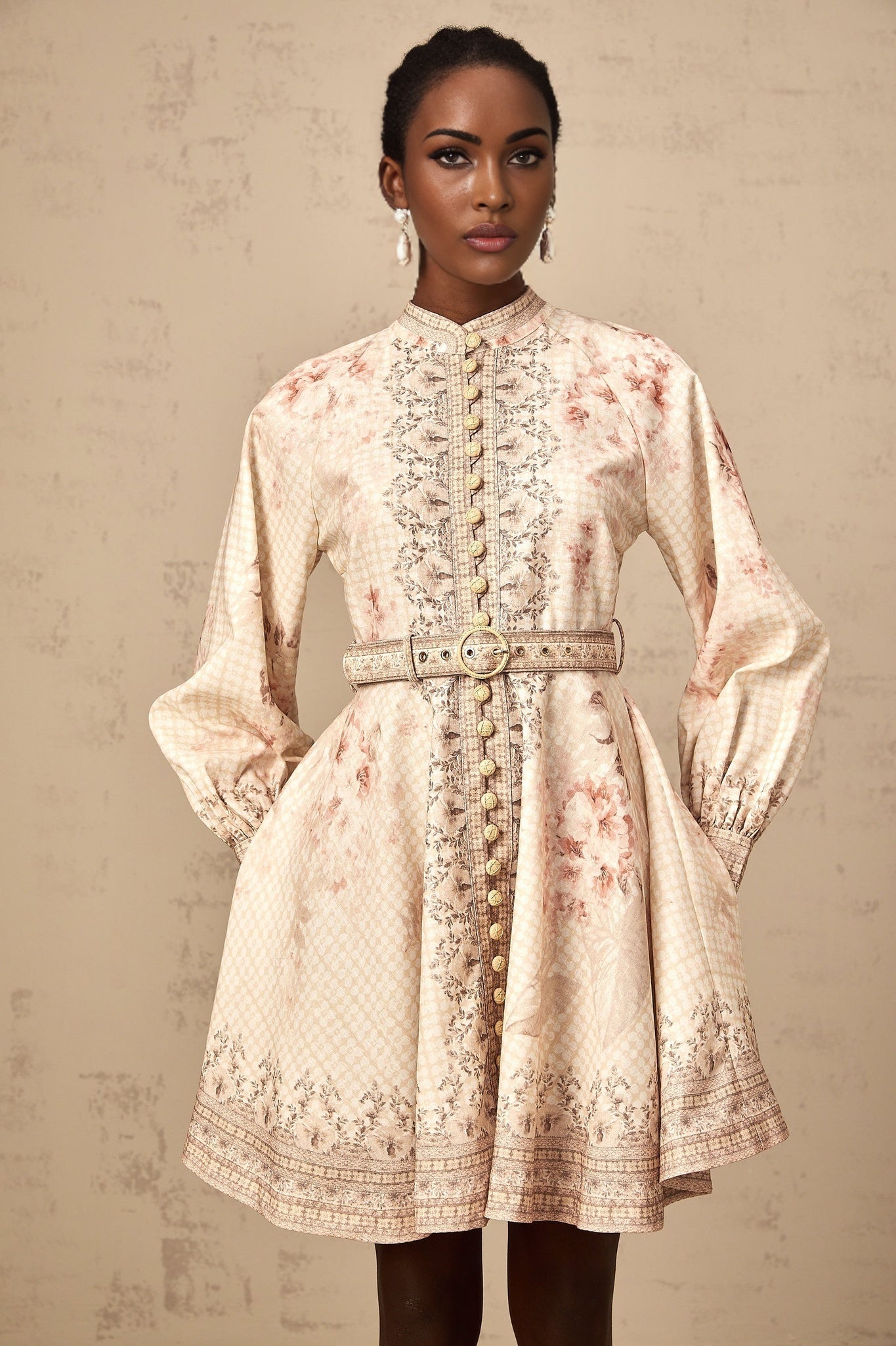Licia Mini Dress Floral Print Belted Waist Front Button Fastening