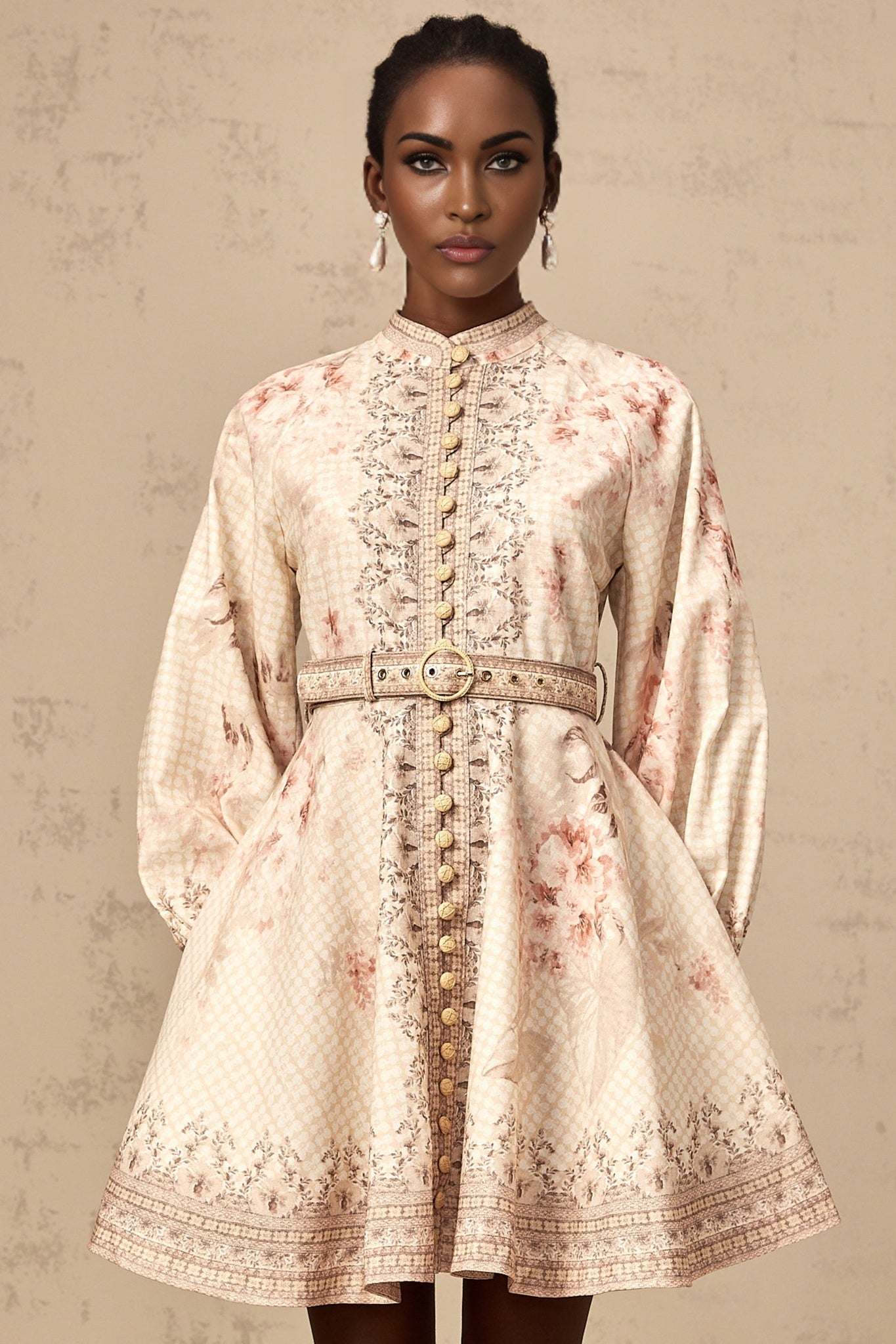 Licia Mini Dress Floral Print Belted Waist Front Button Fastening