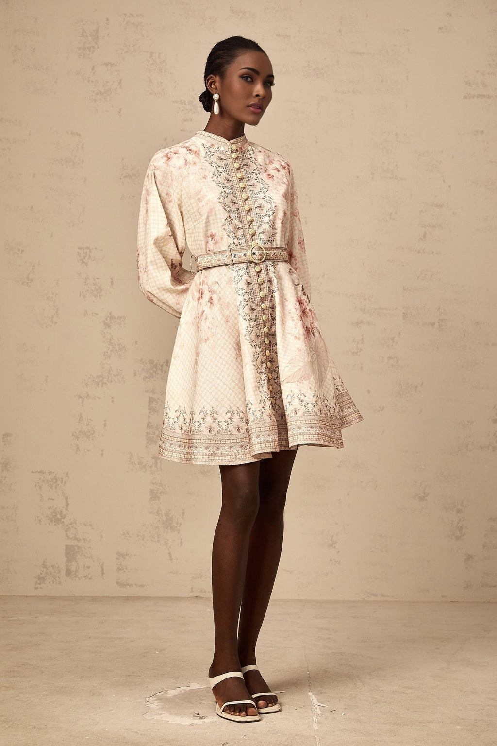 Licia Mini Dress Floral Print Belted Waist Front Button Fastening