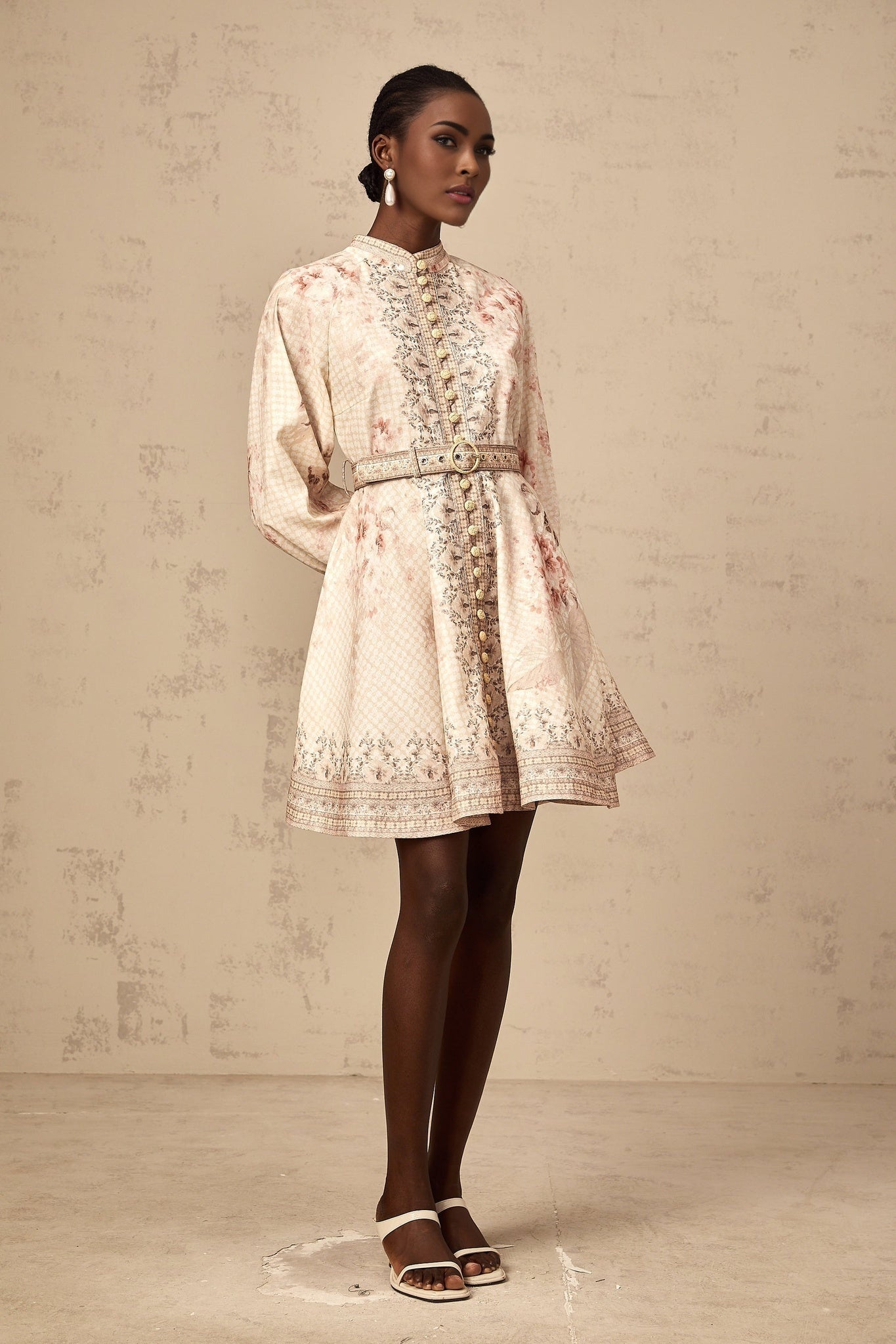 Licia Mini Dress Floral Print Belted Waist Front Button Fastening