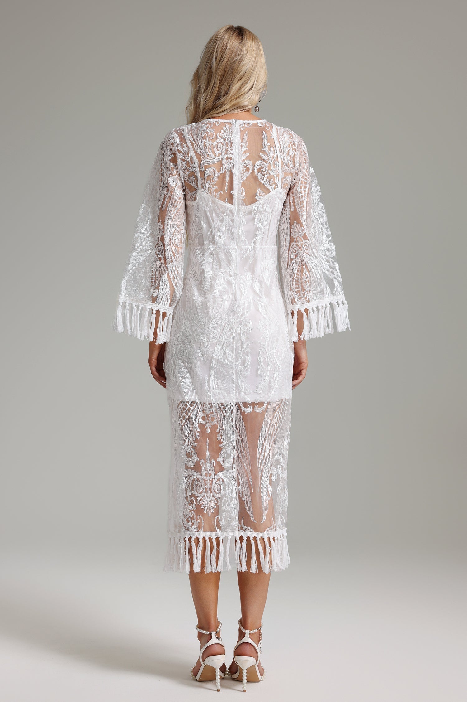 Licia White Embroidered Tassel Detail Dress for Weddings and Special Events