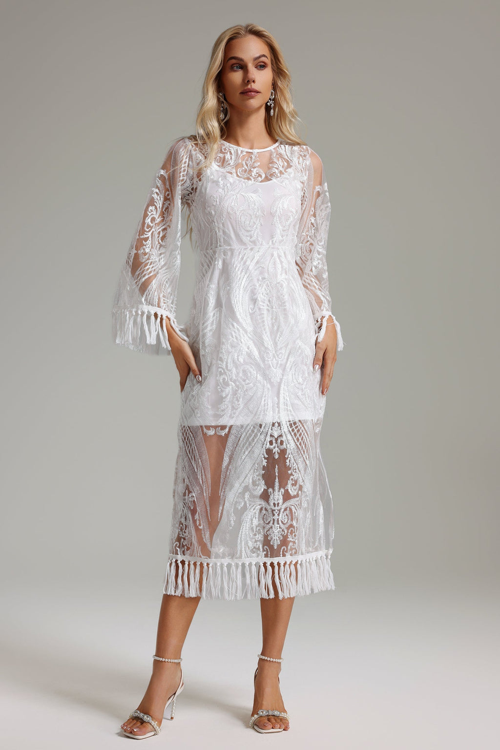 Licia White Embroidered Tassel Hem Dress for Weddings and Galas