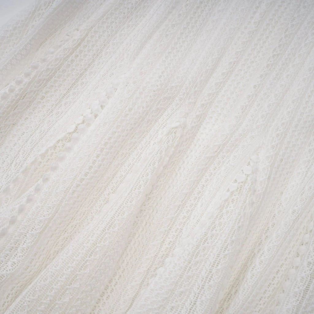 Lilah Midi Dress White Crochet Puff Godet Slip Zip & Flair