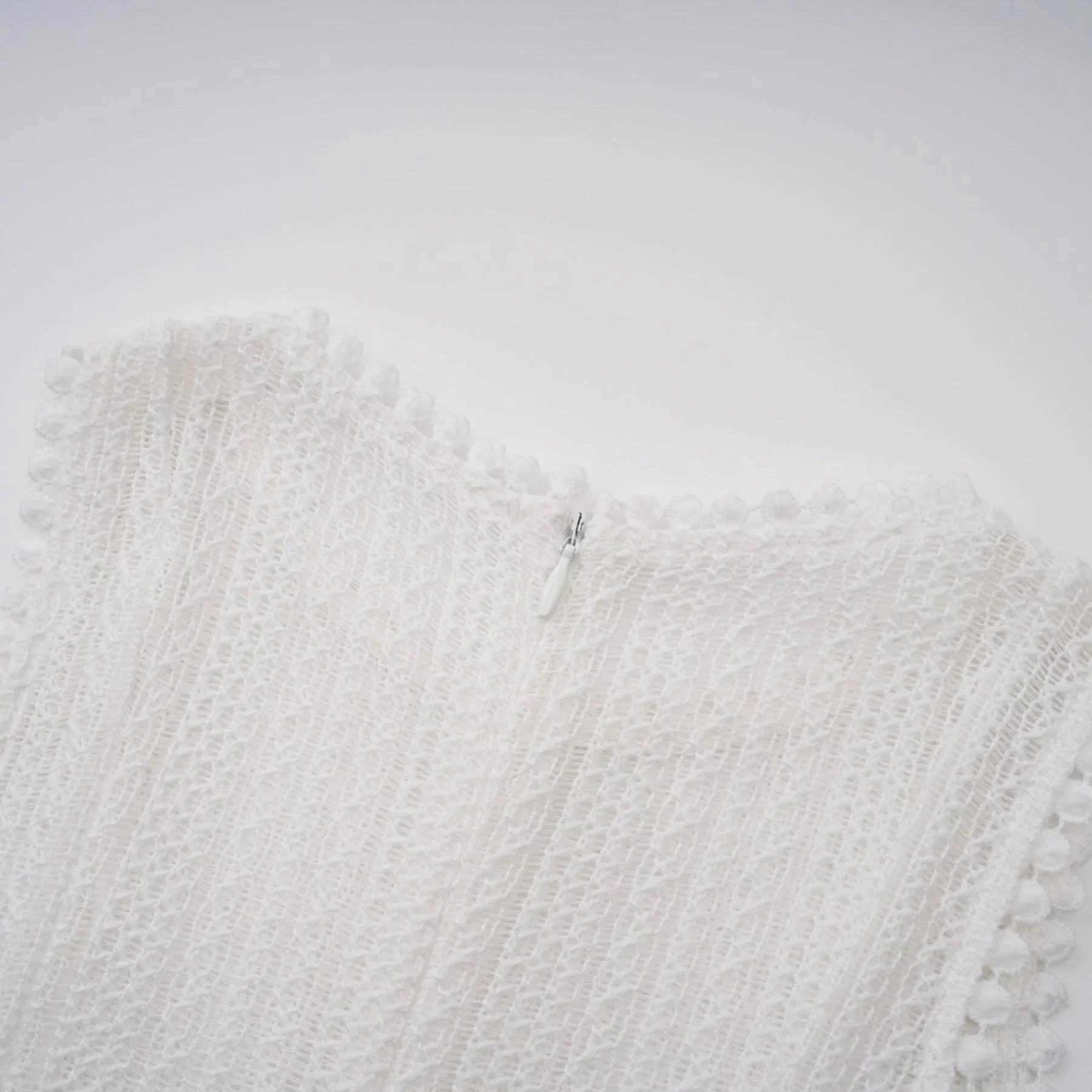 Lilah Midi Dress White Crochet Puff Godet Slip Zip & Flair