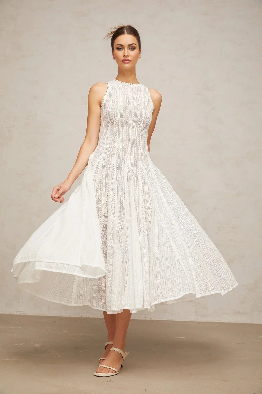 Lilah Midi Dress White Crochet Puff Godet Slip Zip & Flair