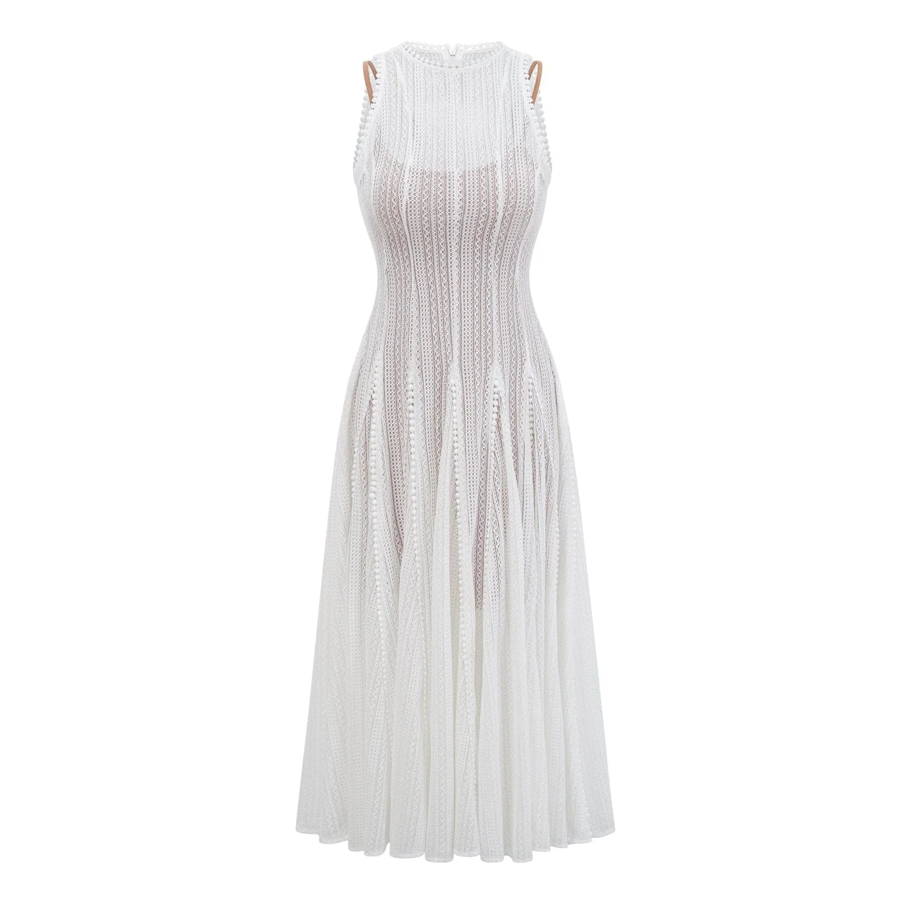 Lilah Midi Dress White Crochet Puff Godet Slip Zip & Flair