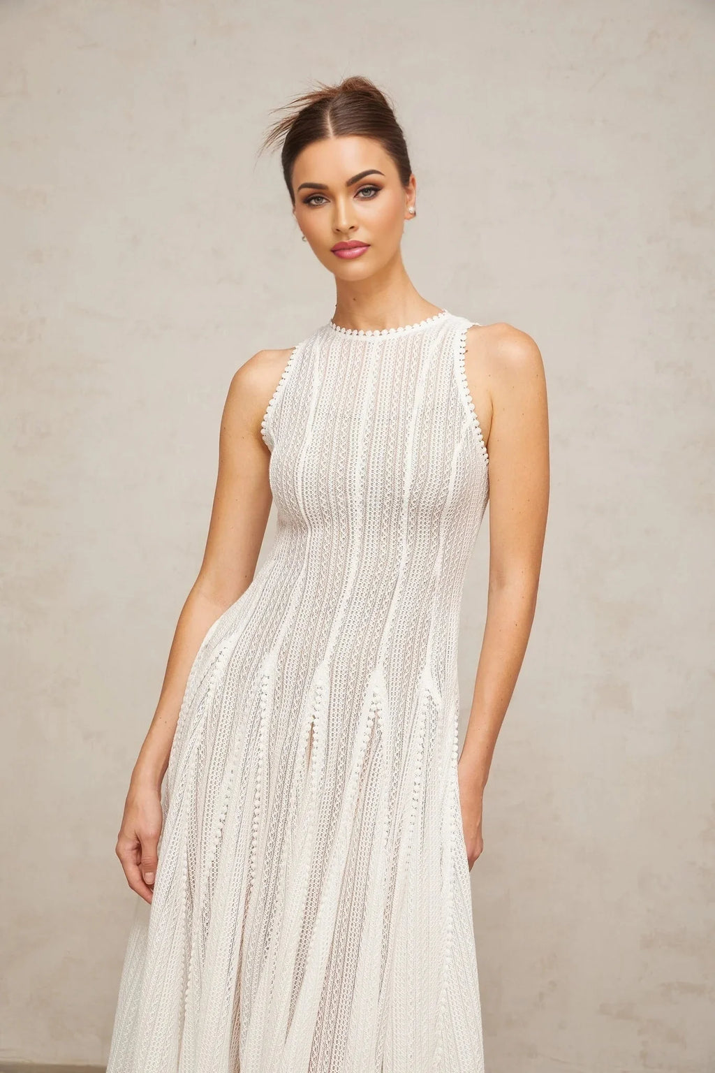 Lilah Midi Dress White Crochet Puff Godet Slip Zip & Flair