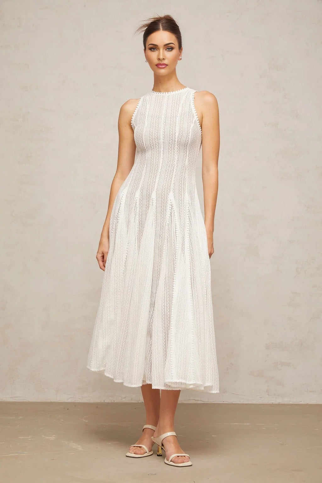 Lilah Midi Dress White Crochet Puff Godet Slip Zip & Flair