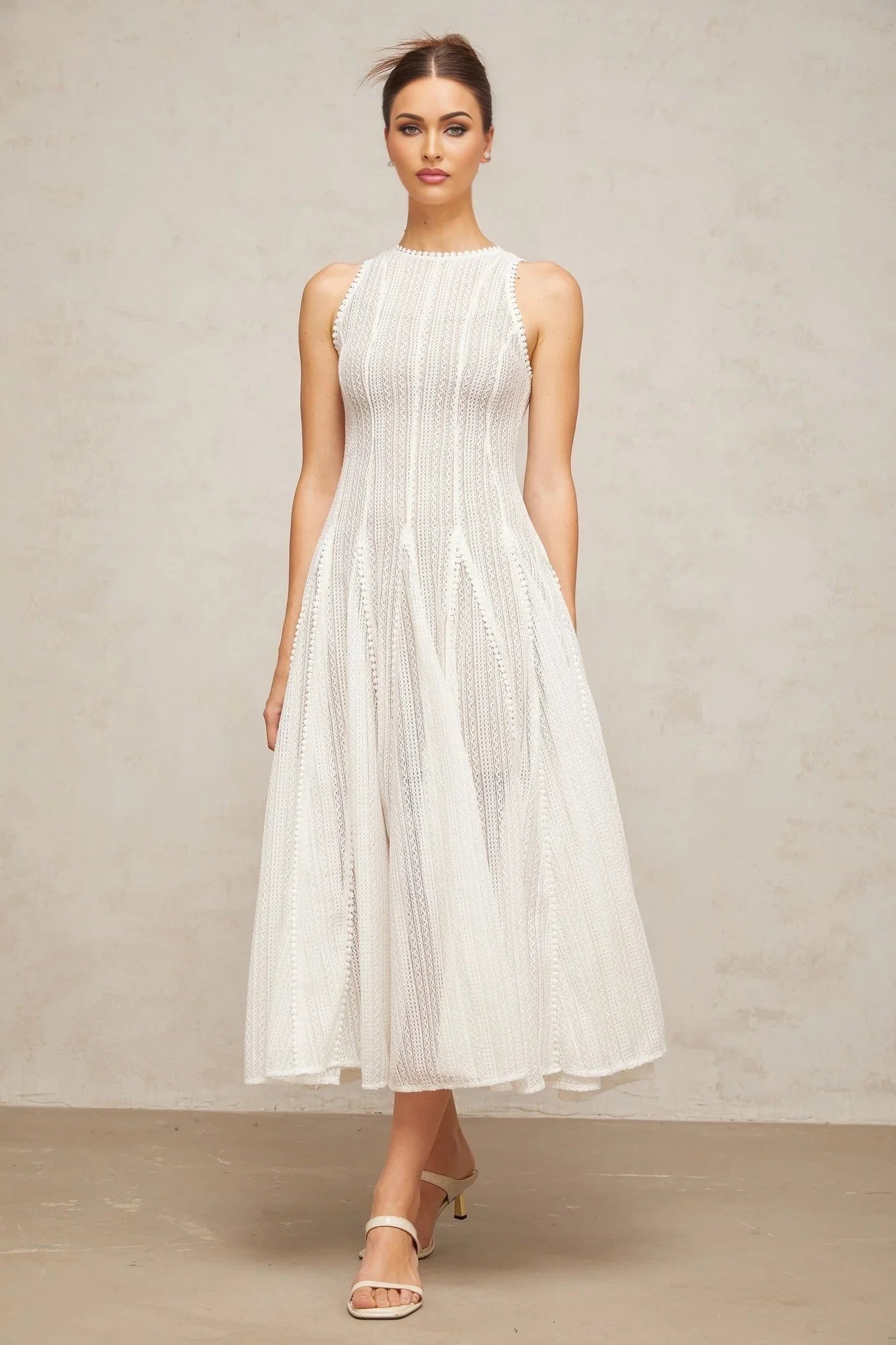 Lilah Midi Dress White Crochet Puff Godet Slip Zip & Flair