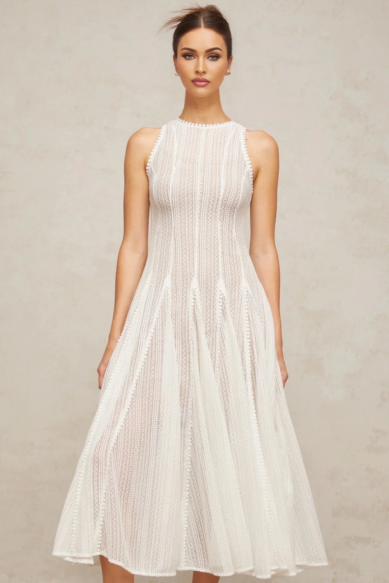 Lilah Midi Dress White Crochet Puff Godet Slip Zip & Flair