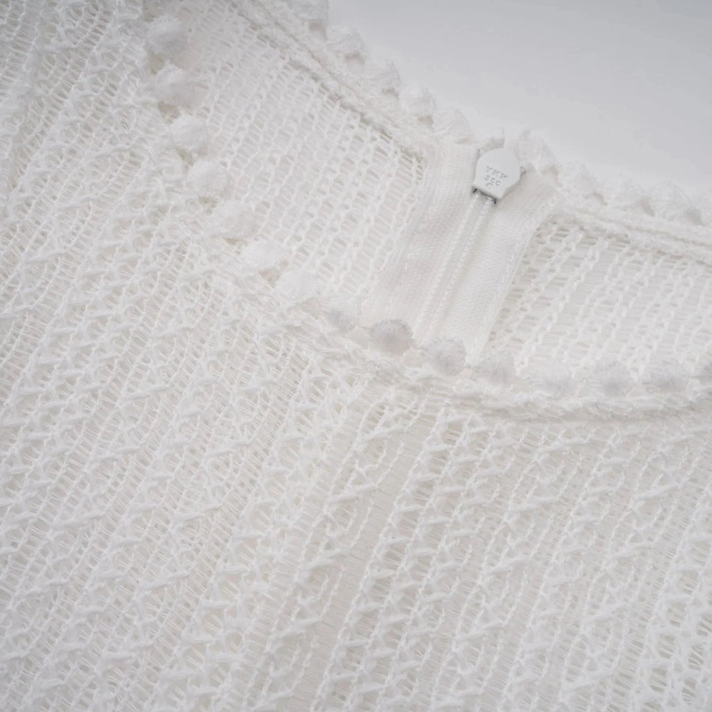 Lilah Midi Dress White Crochet Puff Godet Slip Zip & Flair