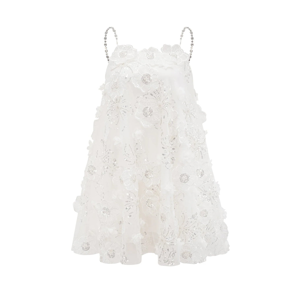 Lilah Mini Dress Crystal Floral Embellished White Square Neck