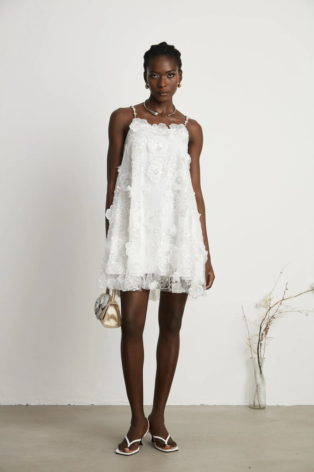 Lilah Mini Dress Crystal Floral Embellished White Square Neck