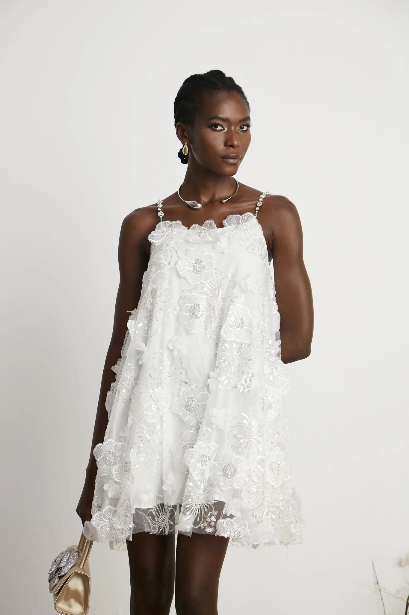 Lilah Mini Dress Crystal Floral Embellished White Square Neck