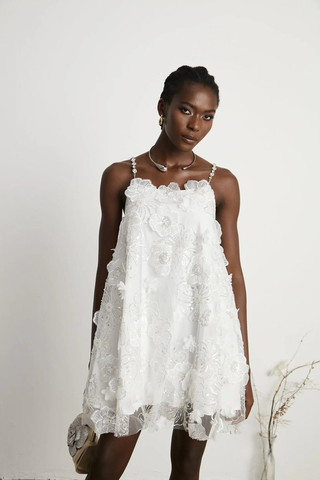 Lilah Mini Dress Crystal Floral Embellished White Square Neck