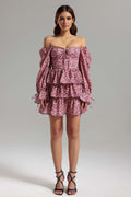 Lilah Pink Floral Tiered Mini Dress with Off-the-Shoulder Neckline and Voluminous Sleeves