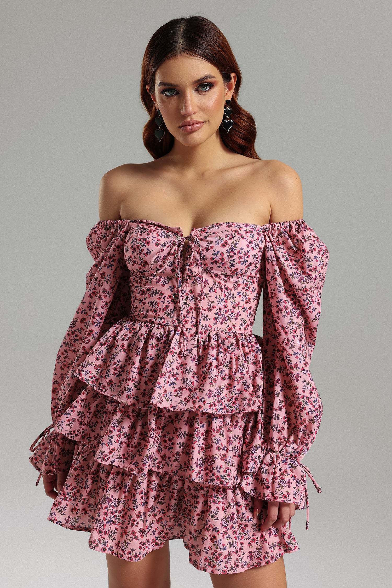 Lilah Pink Floral Tiered Mini Dress with Off-the-Shoulder Neckline and Voluminous Sleeves