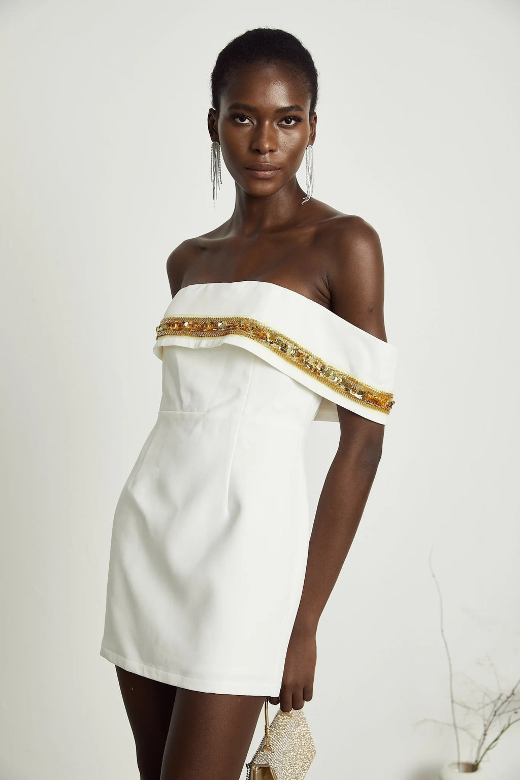Lilah Sequin Mini Dress Off The Shoulder White Gold Mini Length