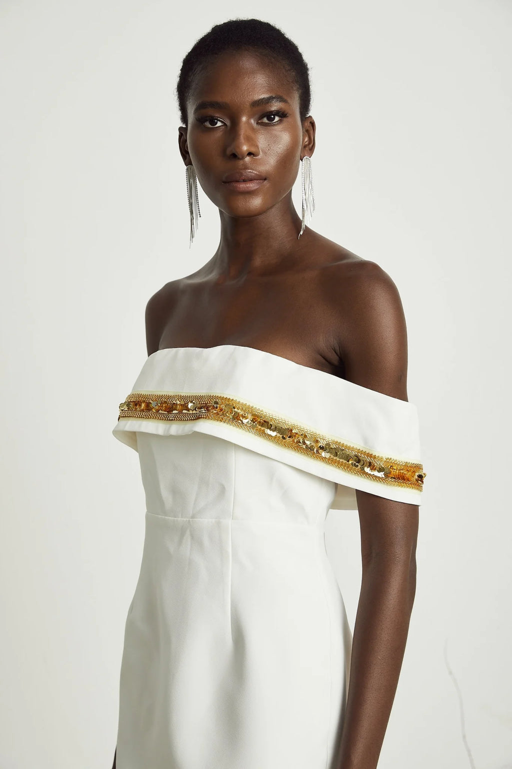 Lilah Sequin Mini Dress Off The Shoulder White Gold Mini Length