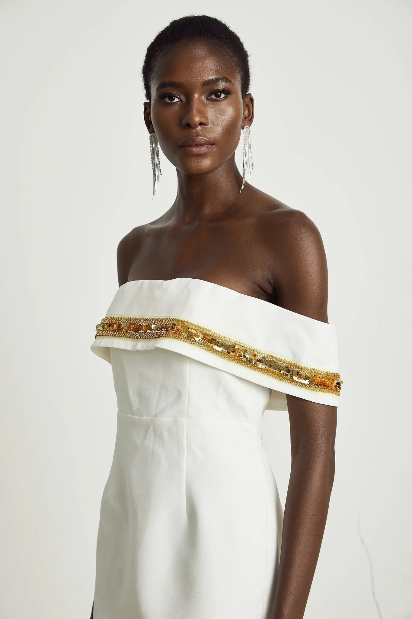 Lilah Sequin Mini Dress Off The Shoulder White Gold Mini Length
