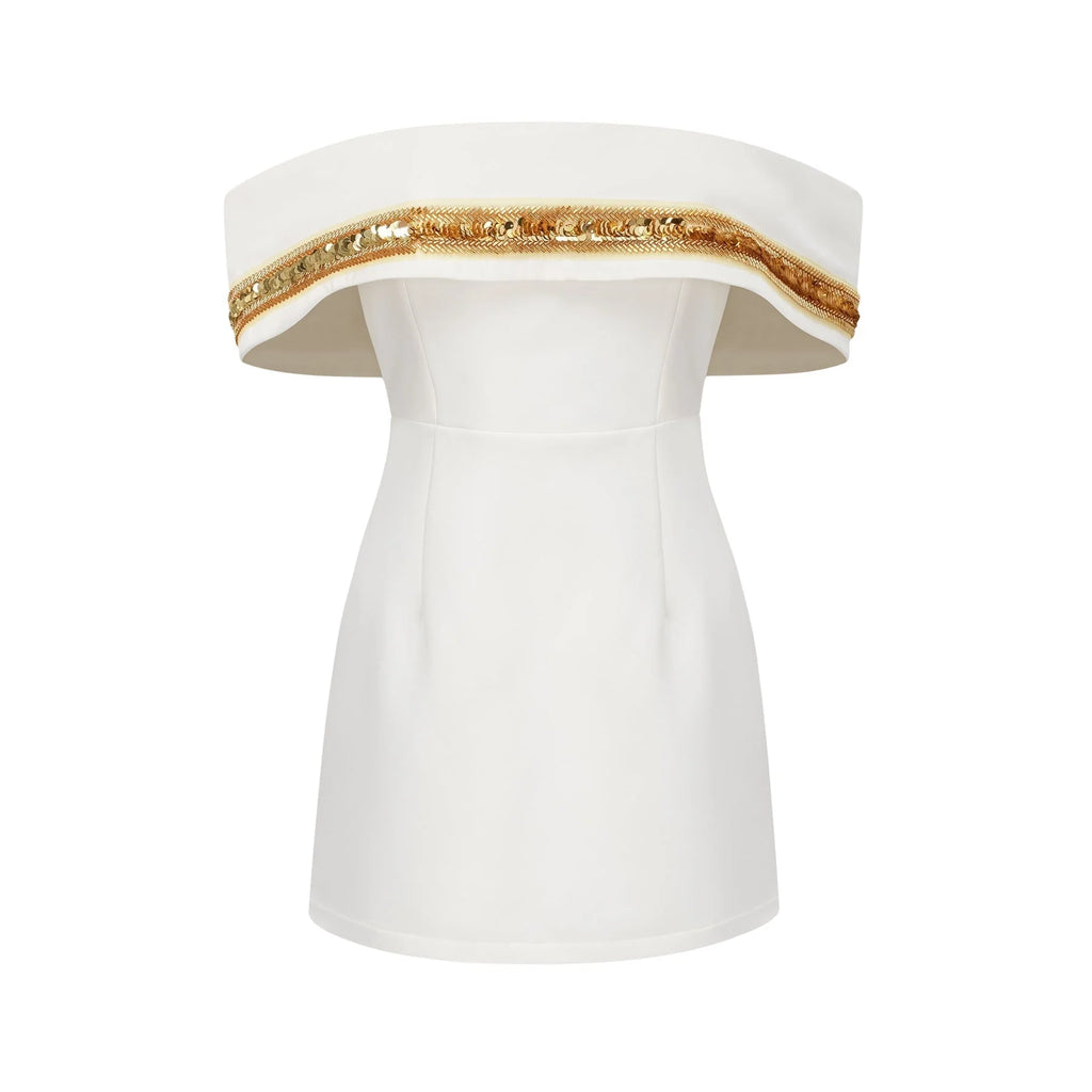 Lilah Sequin Mini Dress Off The Shoulder White Gold Mini Length
