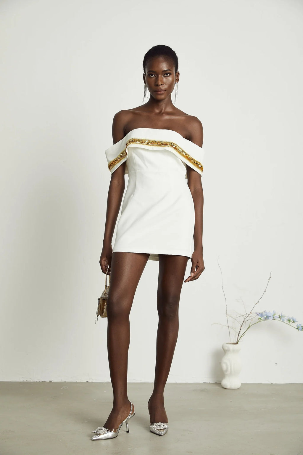 Lilah Sequin Mini Dress Off The Shoulder White Gold Mini Length