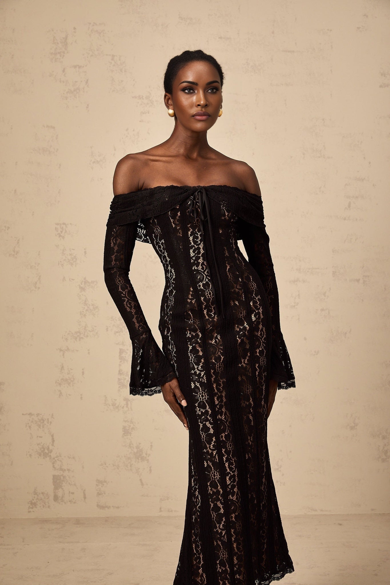 Liliana Floral Midi Dress in Black with OffShoulder Design & Flared Cuffs