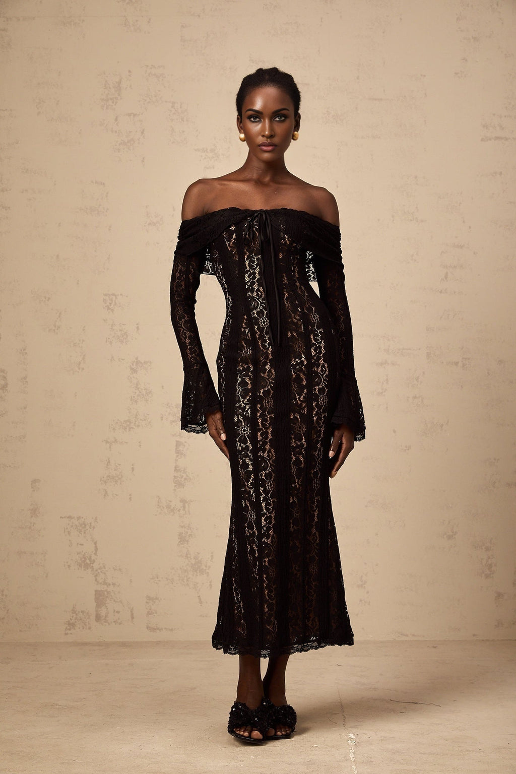 Liliana Floral Midi Dress in Black with OffShoulder Design & Flared Cuffs