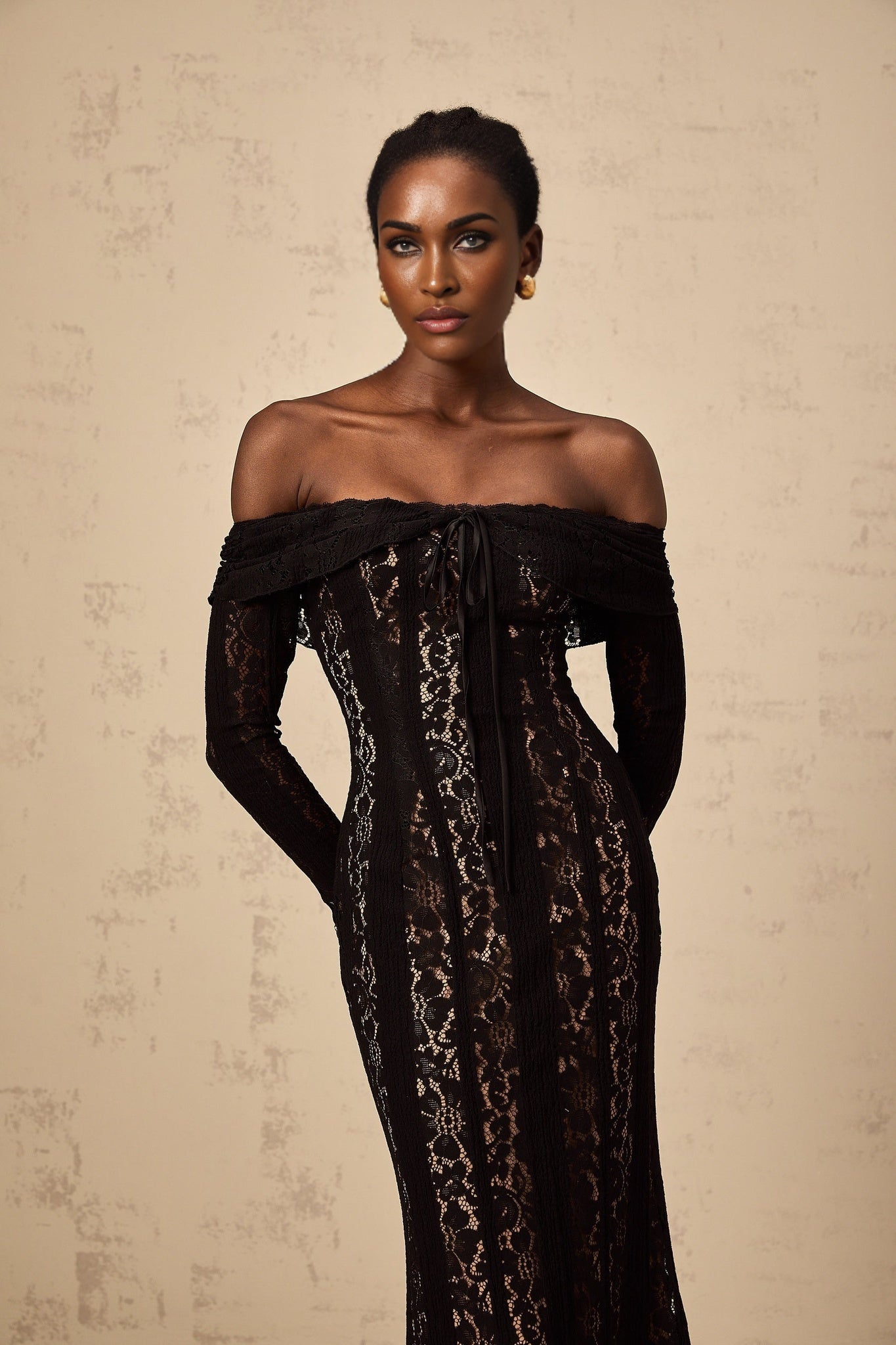 Liliana Floral Midi Dress in Black with OffShoulder Design & Flared Cuffs