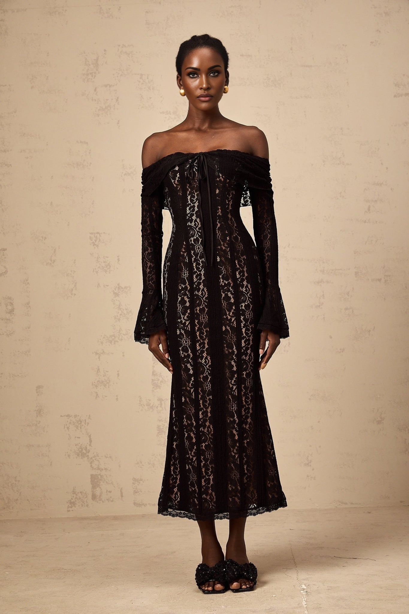 Liliana Floral Midi Dress in Black with OffShoulder Design & Flared Cuffs
