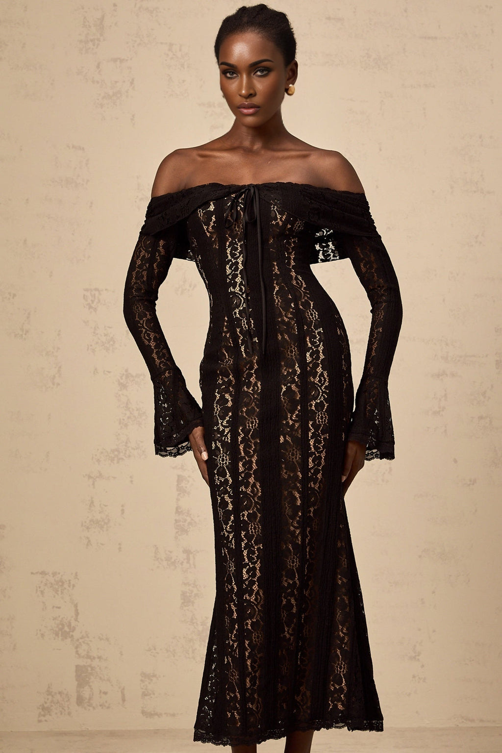 Liliana Floral Midi Dress in Black with OffShoulder Design & Flared Cuffs