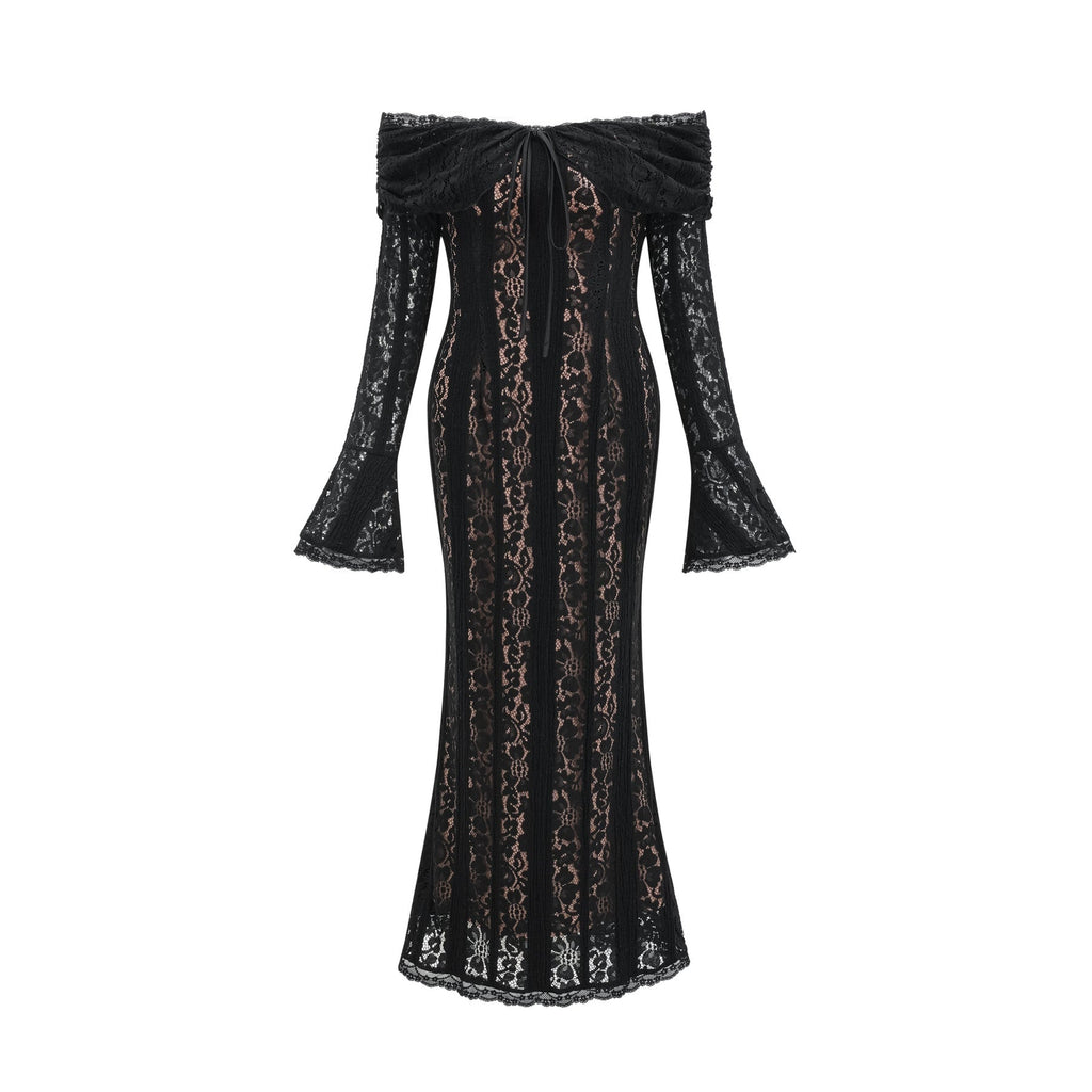 Liliana Floral Midi Dress in Black with OffShoulder Design & Flared Cuffs