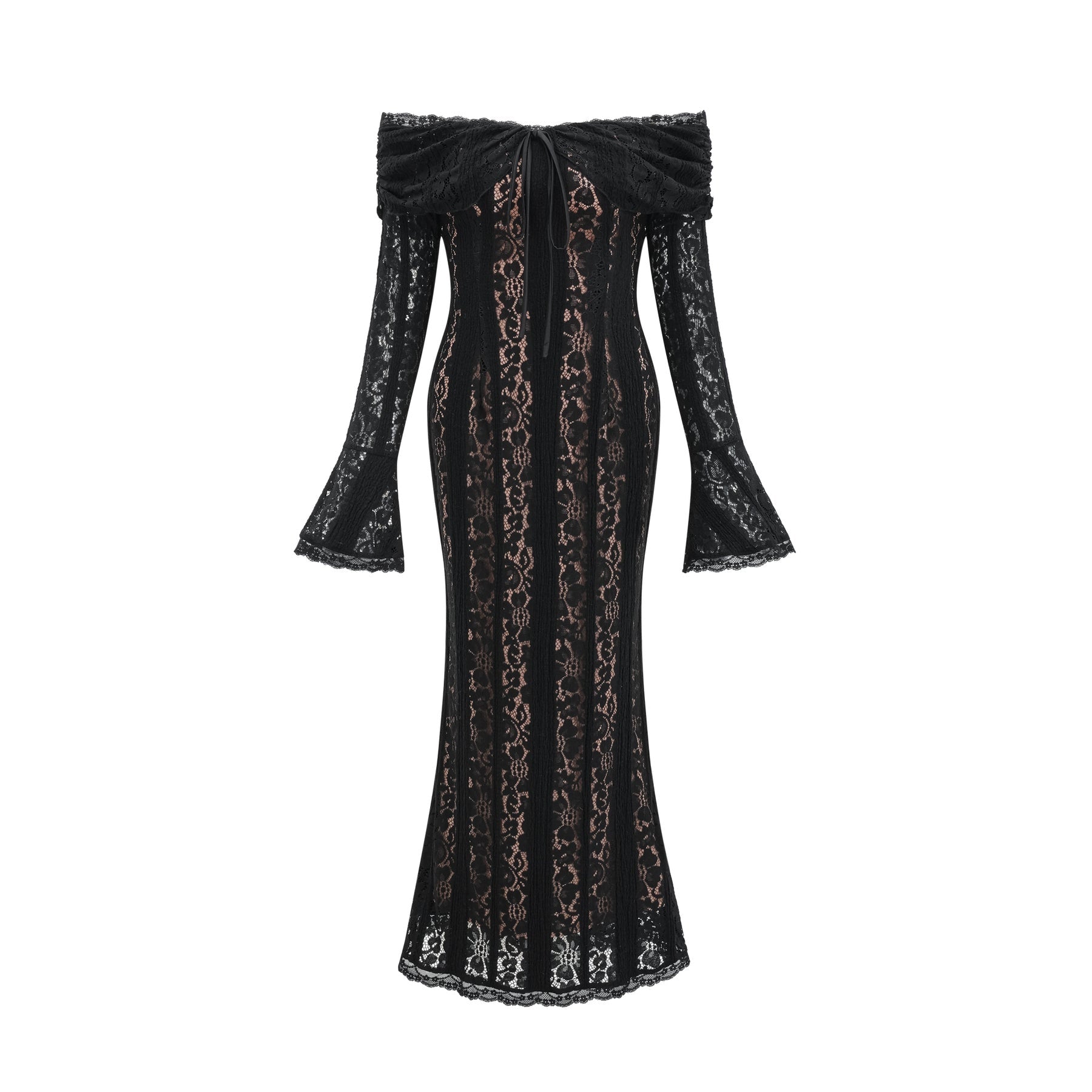 Liliana Floral Midi Dress in Black with OffShoulder Design & Flared Cuffs