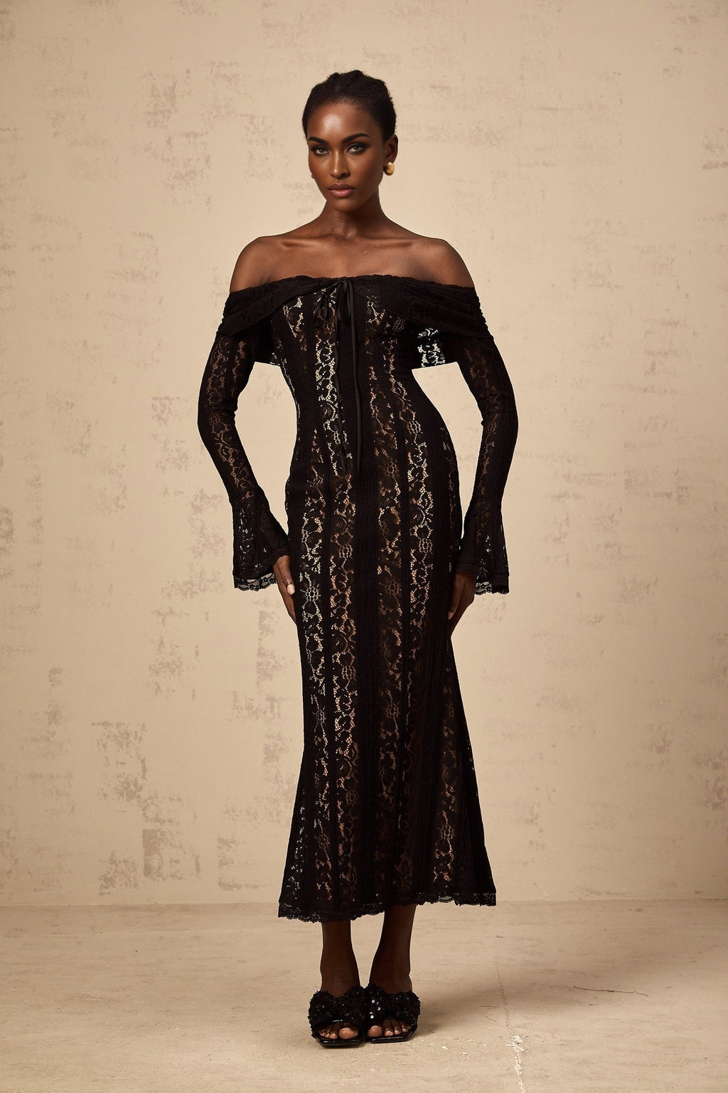 Liliana Floral Midi Dress in Black with OffShoulder Design & Flared Cuffs