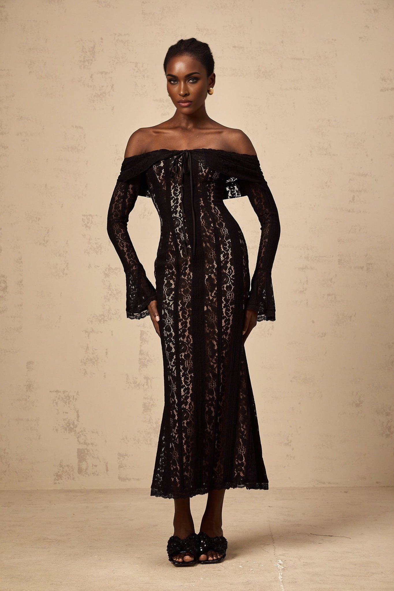 Liliana Floral Midi Dress in Black with OffShoulder Design & Flared Cuffs