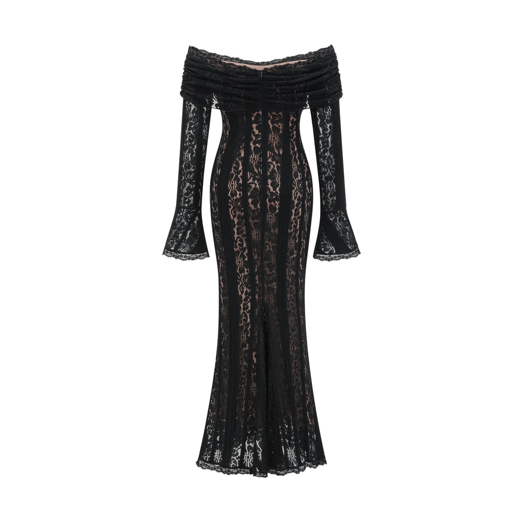 Liliana Floral Midi Dress in Black with OffShoulder Design & Flared Cuffs