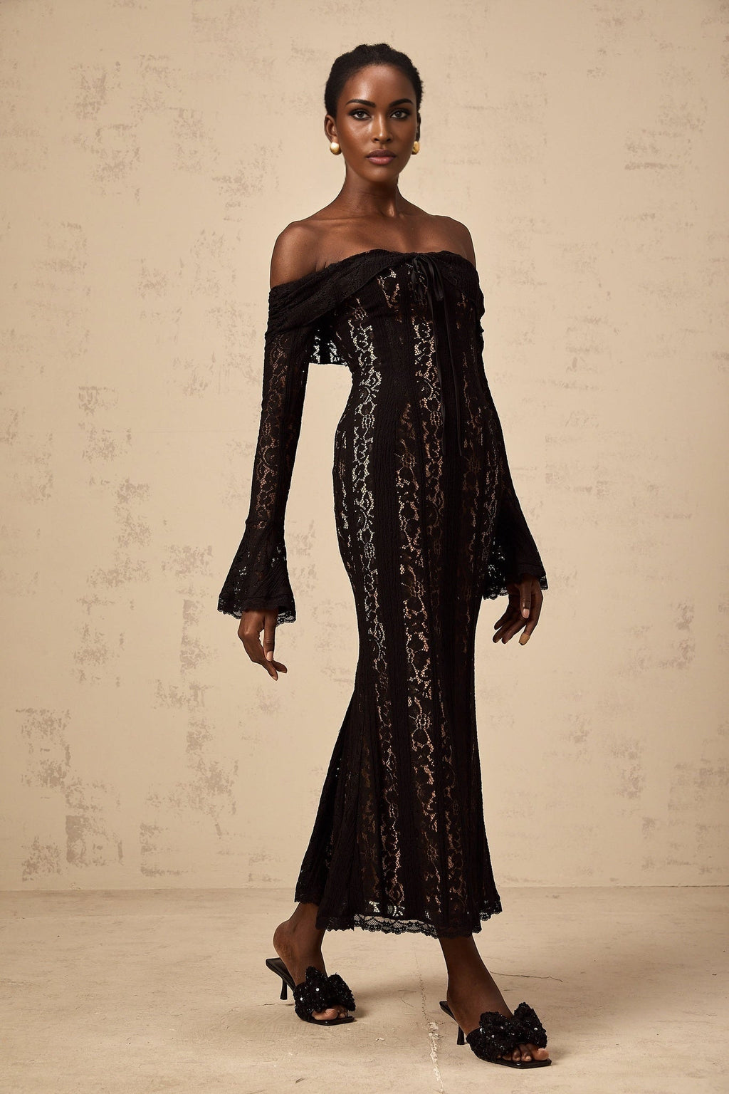 Liliana Floral Midi Dress in Black with OffShoulder Design & Flared Cuffs