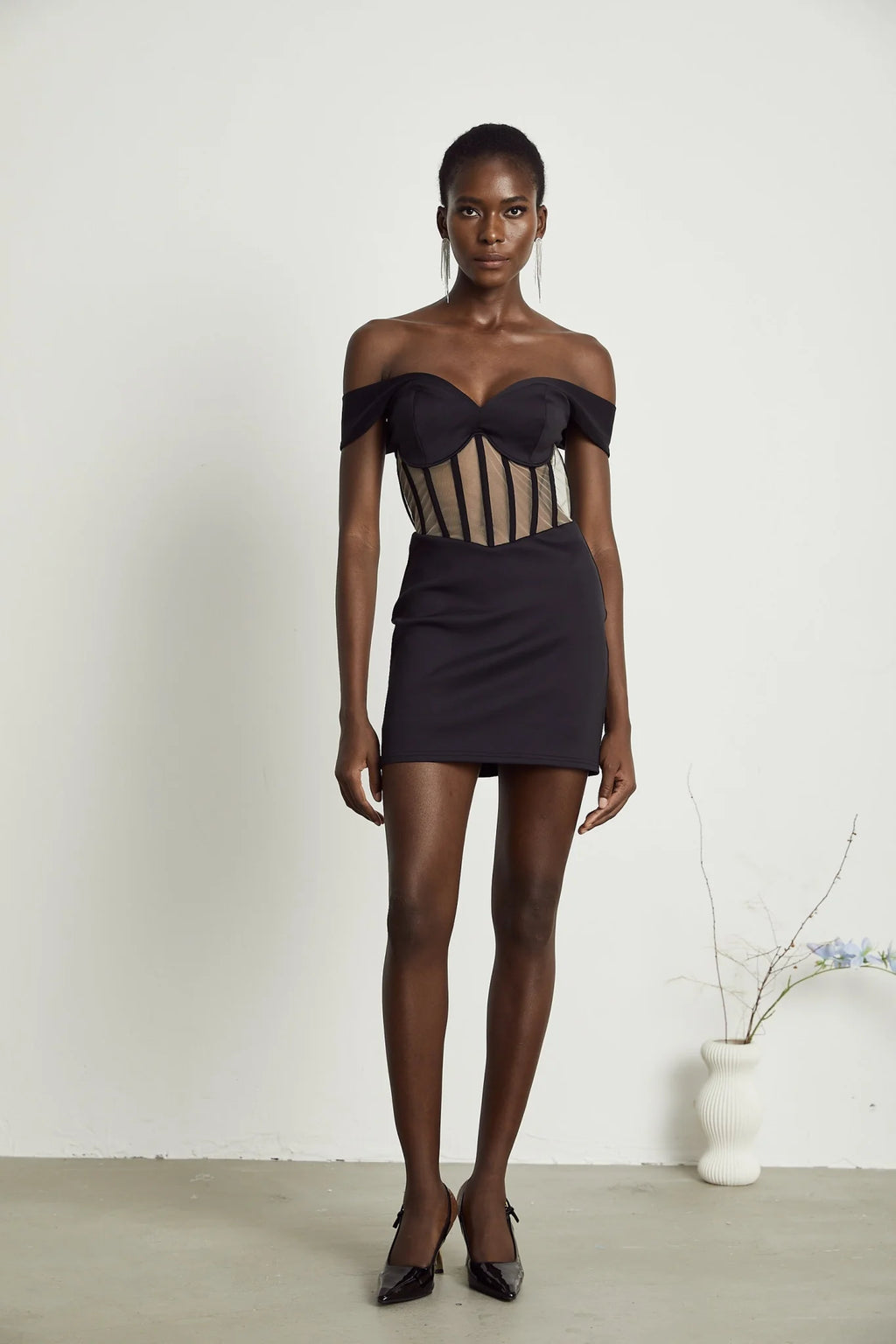 Liliana Mini Dress Mesh Corset Sweetheart Off Shoulder Black