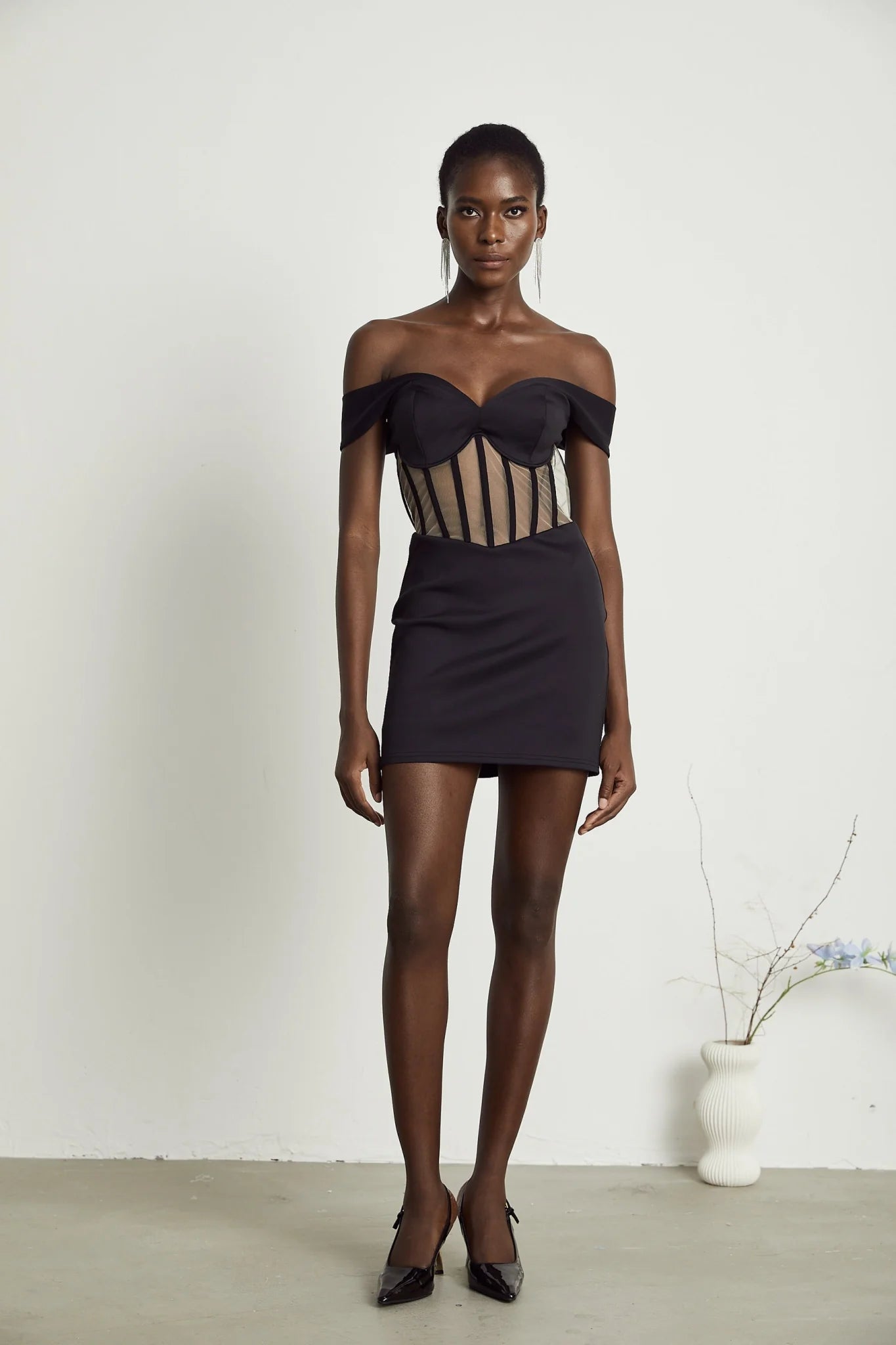 Liliana Mini Dress Mesh Corset Sweetheart Off Shoulder Black