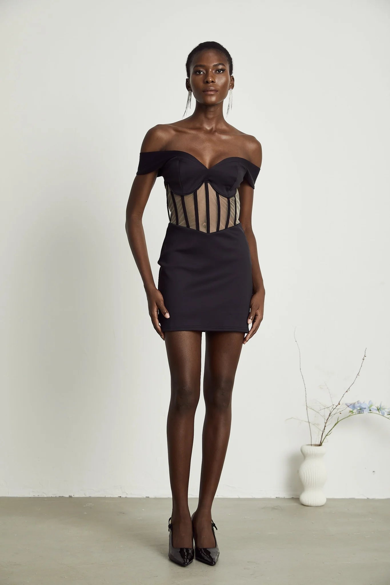 Liliana Mini Dress Mesh Corset Sweetheart Off Shoulder Black