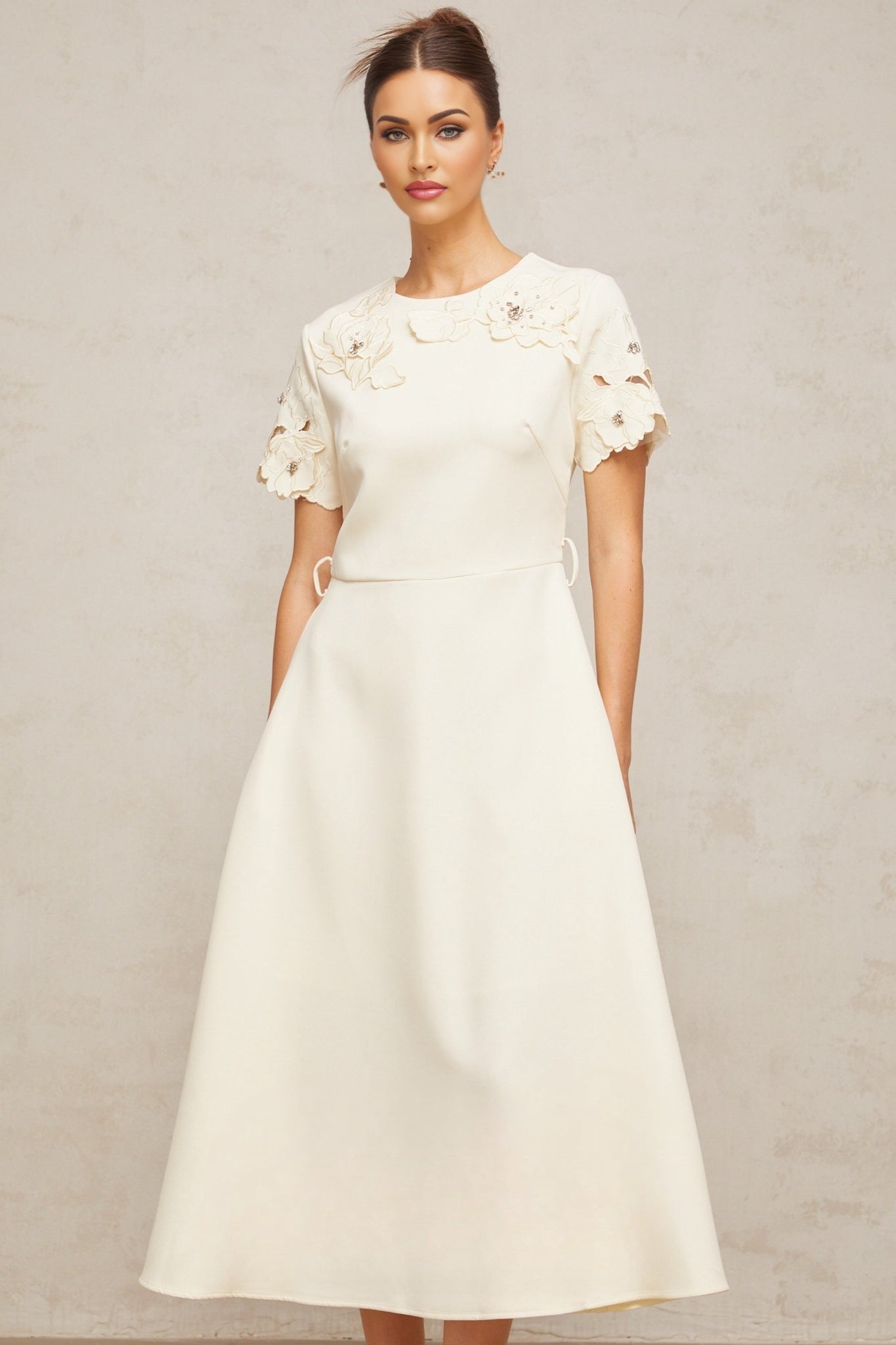 Lillian Floral Appliqué Bead Embellishment Midi Dress
