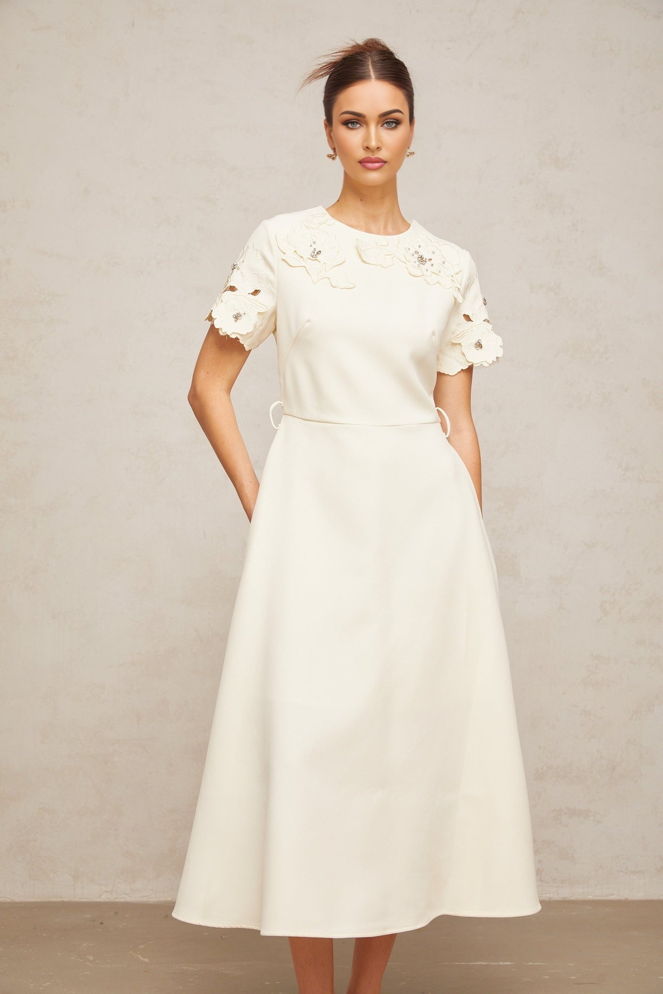 Lillian Floral Appliqué Bead Embellishment Midi Dress