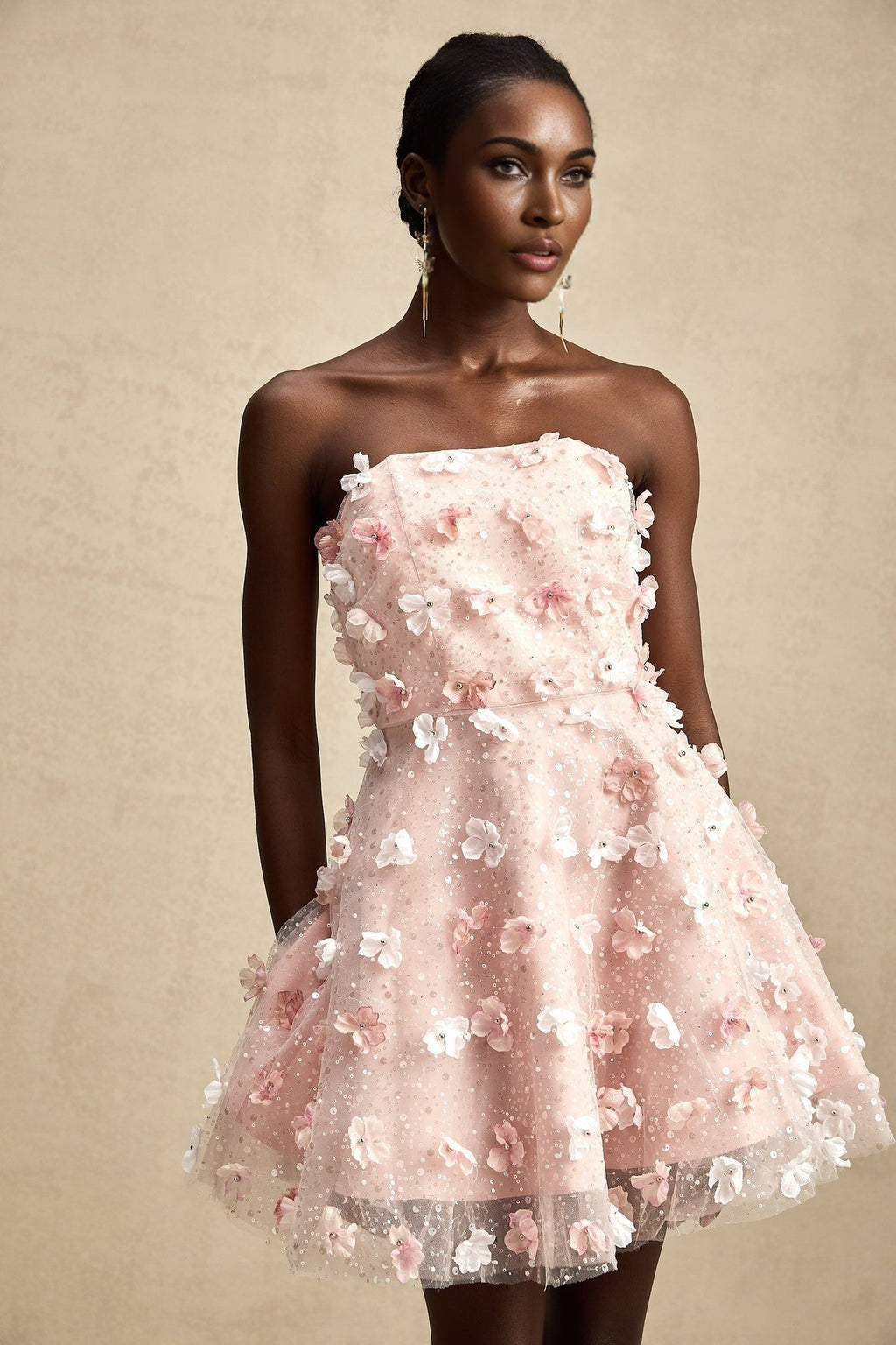 Lilou Pink 3D Petal Puff Mini Dress With Scallop Hem