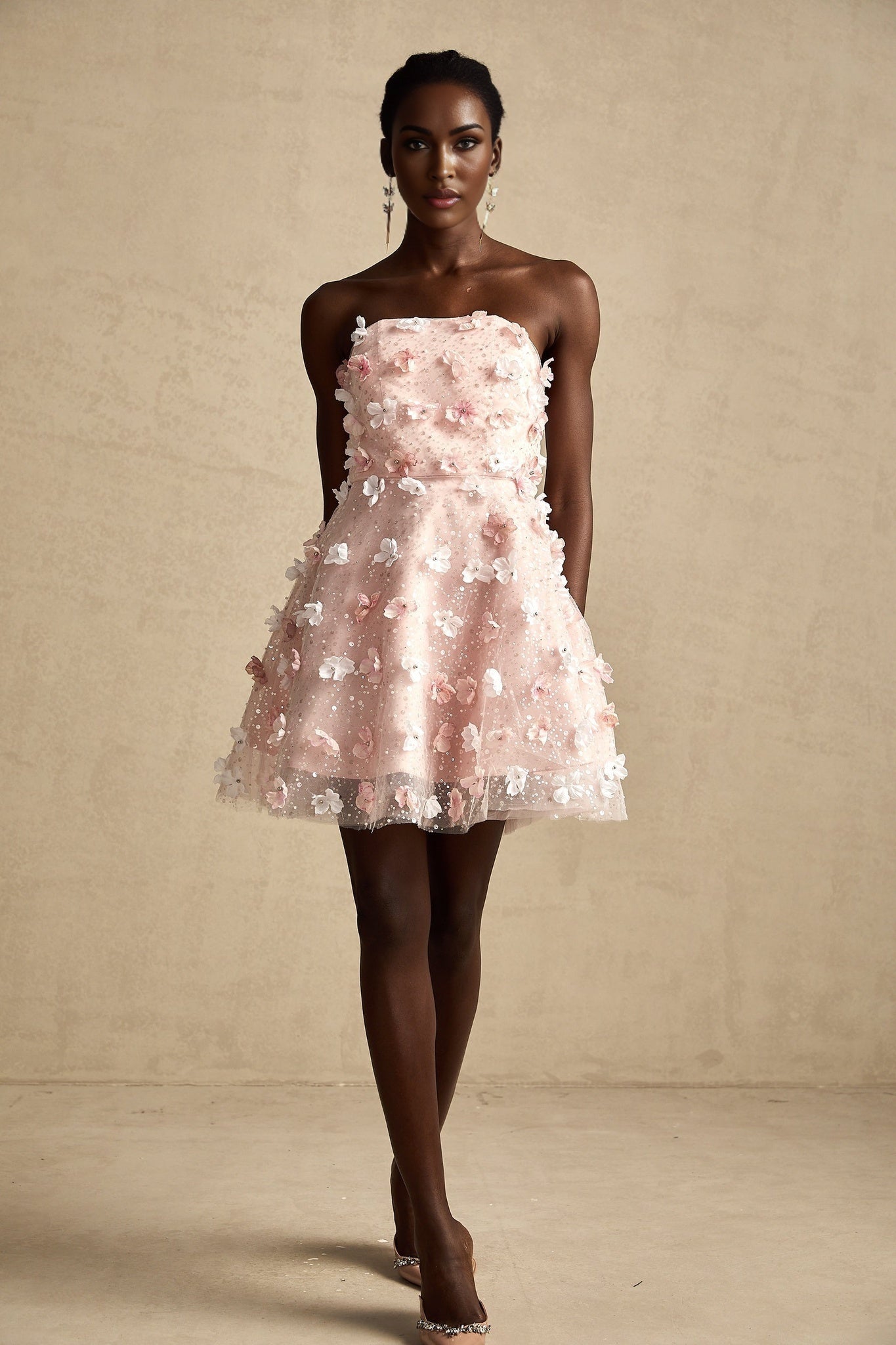 Lilou Pink 3D Petal Puff Mini Dress With Scallop Hem